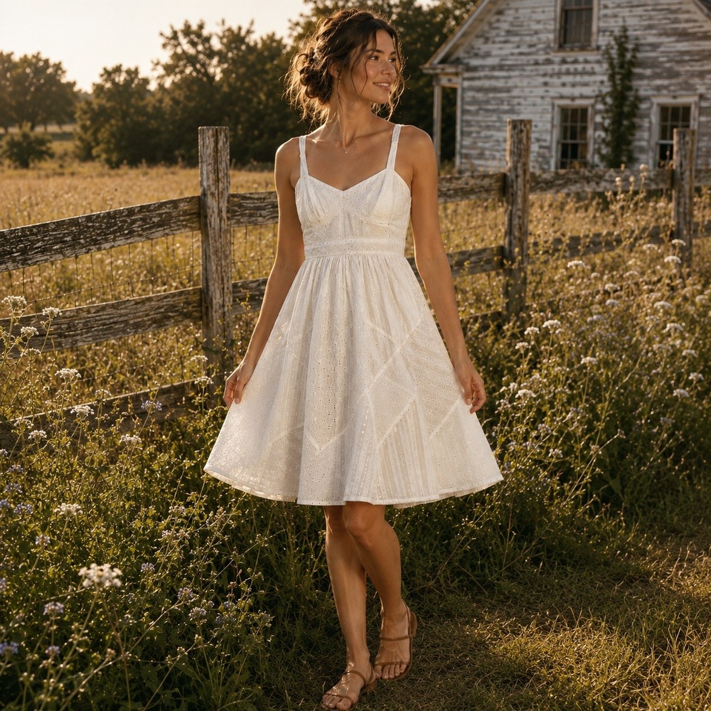 Anthropologie Maeve Eyelet Patchwork Sundress 0 Ivory Mini Romantic Boho Cottage